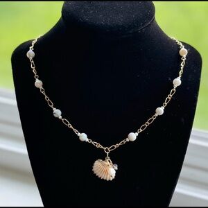 Handmade shell pendant gold necklace w/blue beads